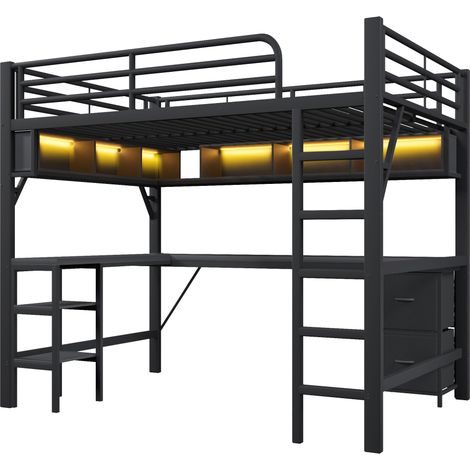 Letto a soppalco in metallo 140 x 200 cm con scrivania, libreria, armadio, USB e LED, nero (1/5)