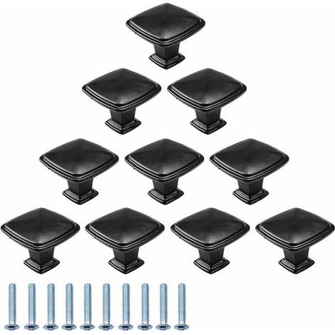 Lot de 10 Boutons de Meuble Noirs Carrés 30mm, Poignées de Tiroir et Porte en Alliage d'Aluminium, Unique Trou Rond, Quincaillerie Moderne (1/4)
