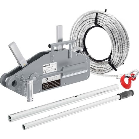 Wiltec – Treuil à câble 1600 kg – Câble acier 20 m x 11 mm – Goupille de sécurité et crochet – Pour halage et levage en extérieur