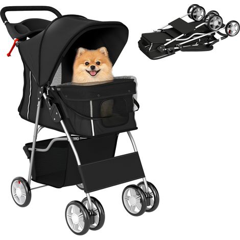 Beyamis Zusammenklappbarer Hundebuggy mit Reflektorstreifen, Aufbewahrungskorb und Kissen für kleine Hunde bis 10 kg, 77 x 44 x 102 cm, Schwarz