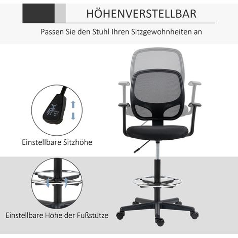 Chaise de bureau ergonomique avec repose-pieds, 5 roues pivotantes, réglable en hauteur, structure en acier, dossier en filet, noir