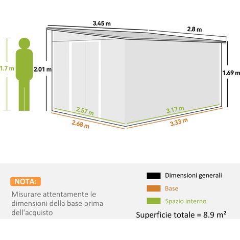Abri de jardin avec porte coulissante, en acier, 345 x 280,5 x 169-201 cm, vert (1/5)