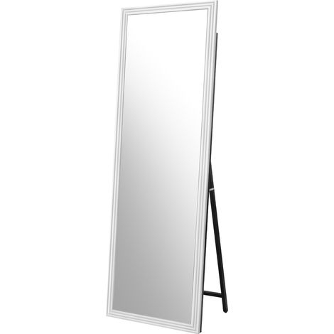 Espejo de cuerpo entero blanco con marco de madera 160 x 50 cm y soporte metálico ajustable (1/3)