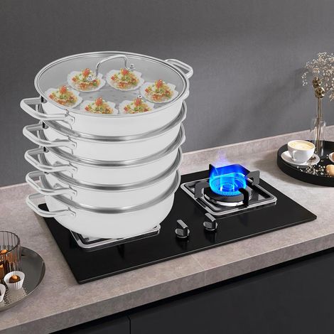 32 cm Cuiseur vapeur à 5 étages en acier inoxydable avec couvercle en verre - Pour cuisinières à gaz, plaques à induction (1/5)
