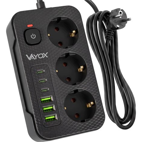 Multiprise Vayox VA0468B-2 : 3 prises 10 A, 3 ports USB-A, 3 ports USB-C 2,1 A, interrupteur, câble de 2 m, noir (1/5)