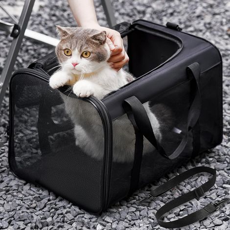 Sac Transport Chat, Sac Voyage Chat avec Maille sur 4 Côtés, de Transport pour Chien Chats Chiots Jusqu'à 6 Kg, Pliable Caisse Transport Chat-M,Noir