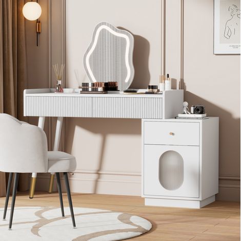 Tavolo da trucco 100/40/75 cm bianco con LED, 2 cassetti e mobile laterale (1/5)