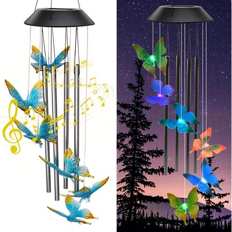 Carillon solaire d'extérieur, carillon papillon avec tubes métalliques musicaux, 7 couleurs LED changeantes, clochettes étanches pour intérieur et extérieur, décoration de jardin et de terrasse, souve (1/5)