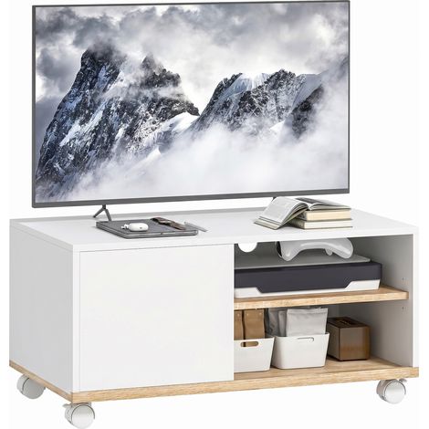 Meuble TV sur roulettes avec freins blanc et chêne 80 cm (1/5)