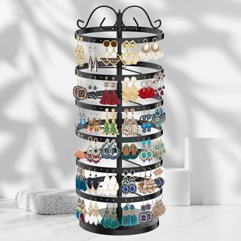 6 niveaux porte-boucles d'oreilles pivotantes, porte-bijoux, porte-bijoux suspendus boucles d'oreilles organisateur colliers rotatifs bijoux affichage stand pour colliers, montres et bagues (1/5)