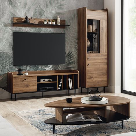 Wohnwand mit 150 cm Lowboard, Vitrinenschrank, Wandboard und Couchtisch VAREDO-132 moderner Vintage Stil in Eiche Nb. (1/5)