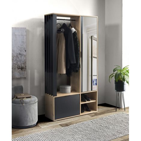 Meuble d'entrée EMILIO coloris chêne artisan/noir 100x33 H.189,4 cm (1/5)