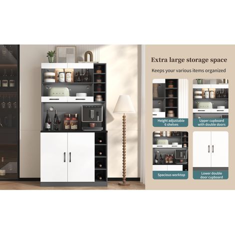 100x47x187 cm. Meuble de cuisine, buffet équipé d’une lumière LED et de prises pour les câbles. Compartiment en bois pour le four à micro-ondes. Grande capacité pour le four à micro-ondes (1/5)