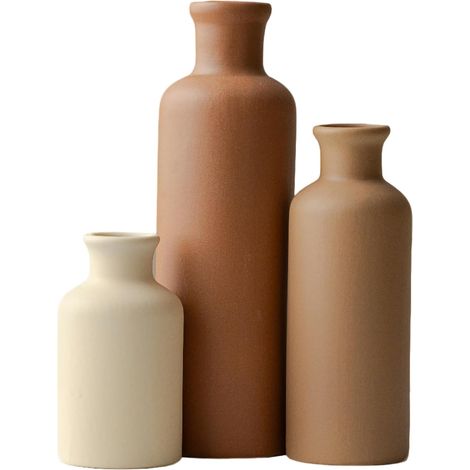 Lot de 3 vases en céramique - Argile terre - Petits vases à fleurs pour herbe de la pampa et fleurs séchées, décoration rustique moderne pour étagère, table, bibliothèque (avec boîte cadeau) (1/5)