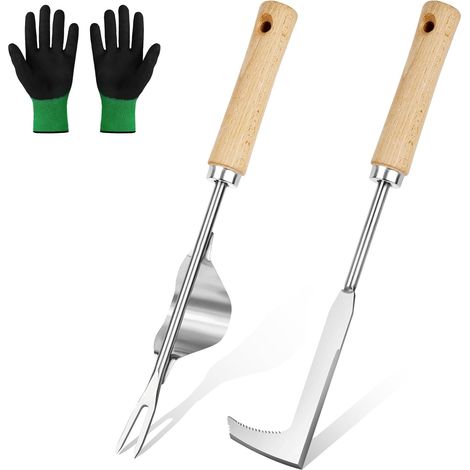 3 Pièces - Outil Désherbage - Couteau Jardin - Acier Inoxydable Manche Bois - Arrache Racines Pour Jardin Potager - Couleur Bois Et Argent - 32,5x9,5x4,8cm