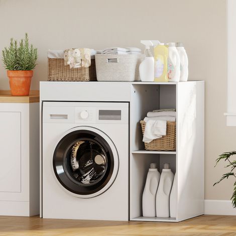 Meuble Machine à Laver 2 Compartiments Ouverts, Rangement Buanderie, 96x60x90,5 cm, Blanc (1/5)