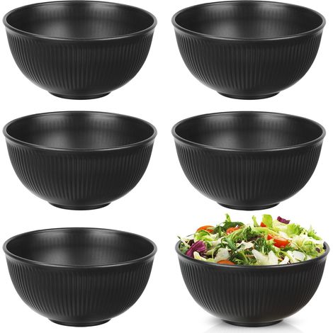 Lot de 6 bols à céréales en plastique incassable - 6 couleurs - 750 ml - Passe au micro-ondes et au lave-vaisselle - Bol de camping léger pour soupes, céréales, pâtes, riz, salade - Noir (1/5)