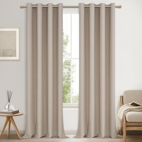 Lot de 2 Rideaux Occultants Lin Naturel à Oeillets, 140x260 CM, Isolation Thermique et Acoustique pour Salon
