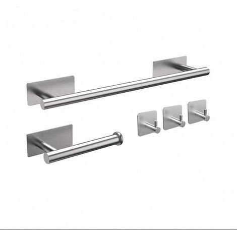 Porte Serviette Mural Inox 5 Pieces Sans Perçage Adhésif Résistant à la Corrosion Support Barre Toilette Ne Laisse Pas