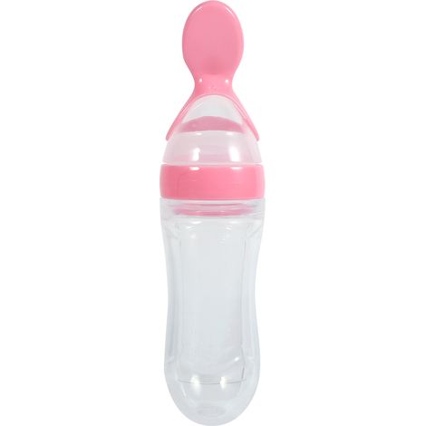 Biberon d'alimentation en silicone 90ml pour bébé, avec cuillère, distributeur de céréales et purée fraîche (Rose) (1/5)