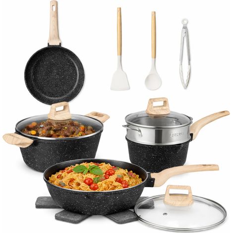 Batteria Pentole 15 Pezzi con Accessori e Coperchi in Alluminio Pressofuso Nero (1/4)