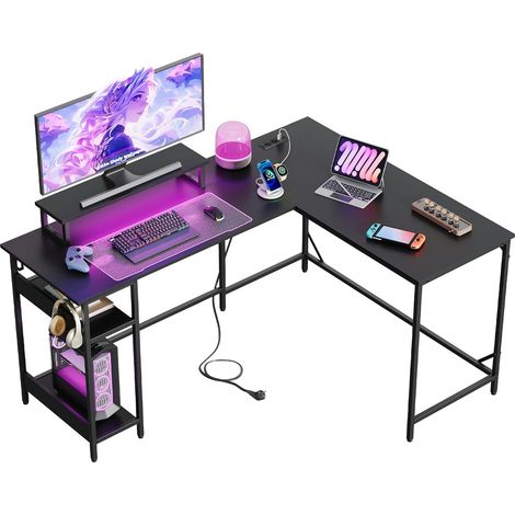Bureau gaming 2-en-1 transformable L 152 × 118 cm ou I 220 × 50 cm, éclairage RGB, support écran et étagère, home office, noir (1/5)