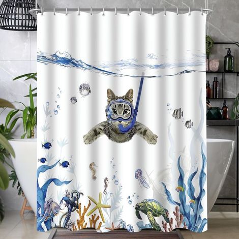 Anti-mold swimming cat pattern, weighted hem, waterproof, washable, polyester fabric, with 6 eyelets and shower curtain rings