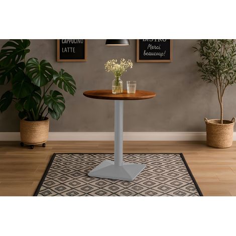 Bistrotisch Schweizer Kante massiv Akazie nussbaumfarben 60 cm Säulengestell-eckig silber BRASILIA