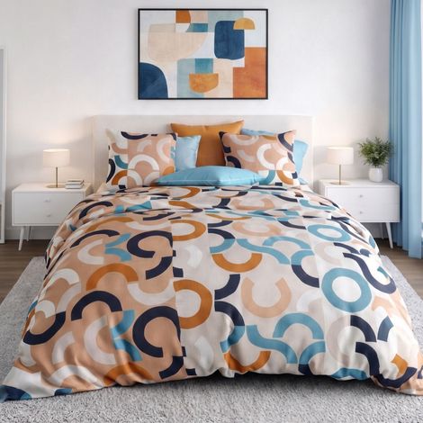 Parure housse de couette 240x220cm + 2 taies motif pop bleu et orange 100% coton - VIRGILE (1/4)