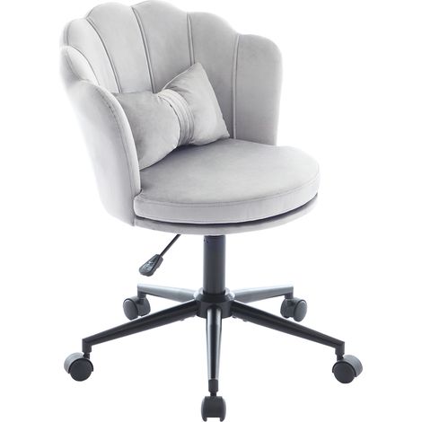 Silla giratoria ajustable de terciopelo gris con respaldo en pétalo y cojín lumbar mariposa (1/5)