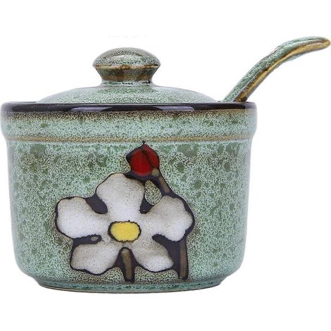 Sucrier rond en céramique à motifs floraux peints à la main, style rétro, pot à épices en porcelaine avec cuillère, pot à condiments rond (1/4)