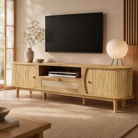 Mueble TV 165/37/46 cm natural con cajones de ratán y puerta corredera (1/5)