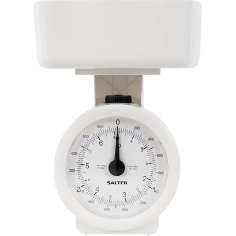 Salter 112 WHWHDR - Bilancia da cucina meccanica, max 3 kg, analogica, quadrante di facile lettura, lavabile in lavastoviglie, ingombro minimo, recipiente rimovibile da 1 l, senza batteria, bianco (1/5)