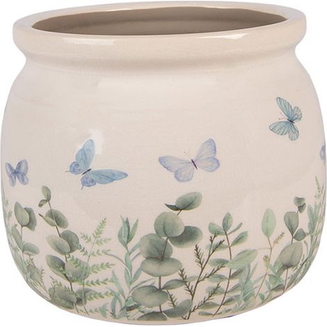 Pot de fleurs rond beige céramique papillons 16x13cm (1/3)