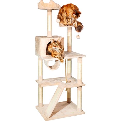 Arbre a chat XL, Griffoir pour chat, Perchoirs Niche Hamac Tunnel Balles, Colonnes en Sisal, Multi-niveaux Tour Peluche, Hauteur 150 cm, beige, PAITSY