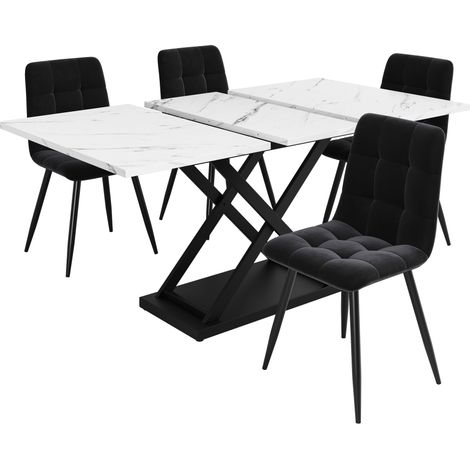 Ensemble salle à manger extensible 5 pièces avec table marbrée blanche et 4 chaises en velours noir (1/5)