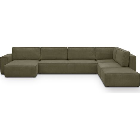 Canapé d'angle à droite panoramique convertible modulable 8 places avec pouf en velours côtelé vert kaki - Harper Mod (1/5)