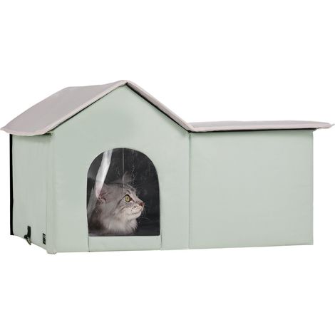 Maison Chat Chauffante, Niche Chat Extérieur avec Coussin Chauffant, Température Réglable, Minuterie, Abri Hiver pour Chats Pliable en Tissu Oxford 600D Confortable pour Rester au Chaud, Vert, L (1/5)