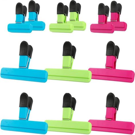 Juego de 12 pinzas para alimentos, de plástico resistente, con mangos antideslizantes, en color verde y azul, para guardar bolsas y envases. (1/5)