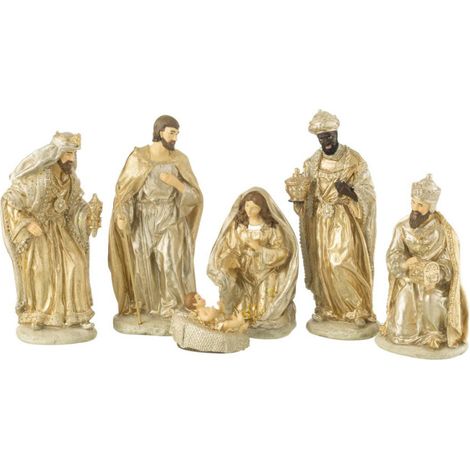 Paris Prix – Crèche de Noël 6 santons 30cm – 55% chaux et 45% résine – Festive et chic – Couleur or et argent