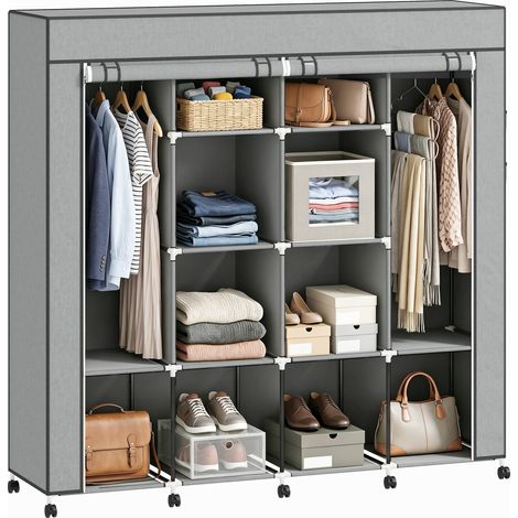 Armoire penderie tissu, meuble de rangement mobile 10 roulettes avec barres de suspension, gris (1/5)