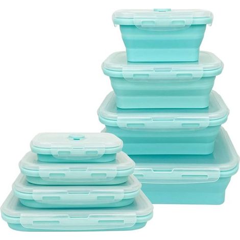 4 barattoli pieghevoli in silicone per alimenti – Coperchio ermetico, adatti al microonde e al congelatore, perfetti per il campeggio (1/5)