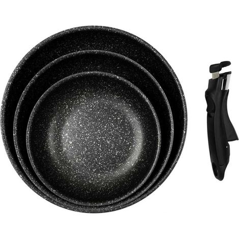 Set de 3 poêles en aluminium revêtement effet pierre avec 1 poignée amovible (1/5)