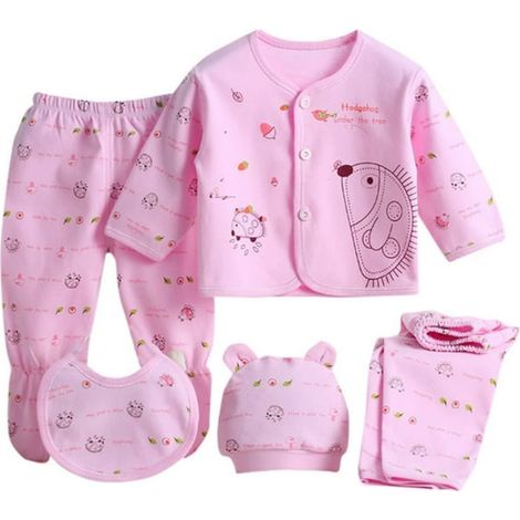 Ensemble 5 pièces pour nouveau-né Jovati (fille et garçon) : haut à manches longues, bonnet, pantalon et bavoir.