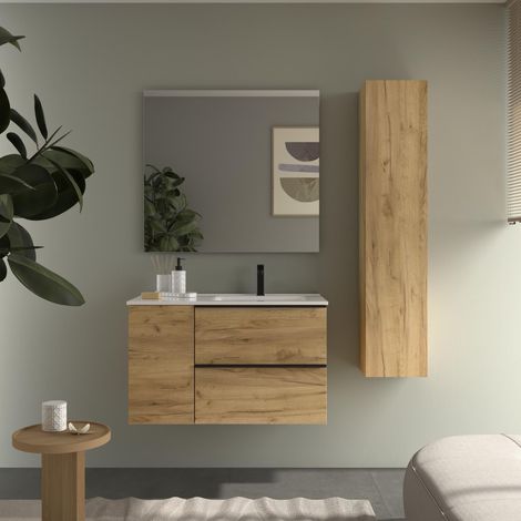 Meuble de salle de bain NABUA PLUS 90cm Chêne Vasque Porcelaine Robinet à droite 1P (1/5)