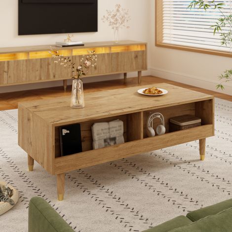 Table basse MDF décor bois 110 cm avec 2 tiroirs, LED multicolore et pieds en bois massif (1/5)
