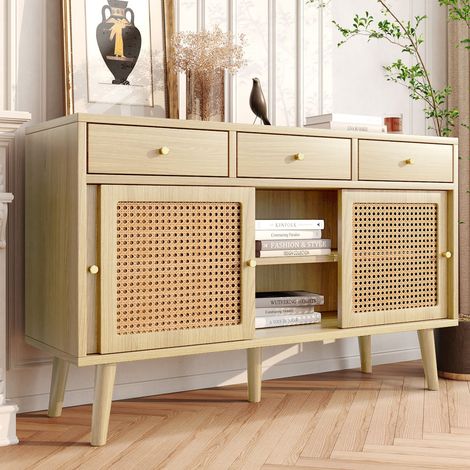 Buffet 3 tiroirs 3 portes coulissantes rotin - Chêne 120x40x78cm, pieds bois, poignée doré, étagères réglables (1/5)