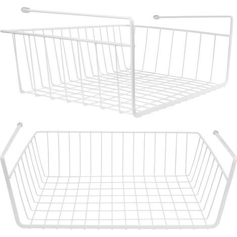 Lot de 2 paniers de rangement suspendus en fil métallique, blancs, pour dessous d'armoires, étagères coulissantes complémentaires pour cuisines, garde-manger, bureaux et étagères (1/4)