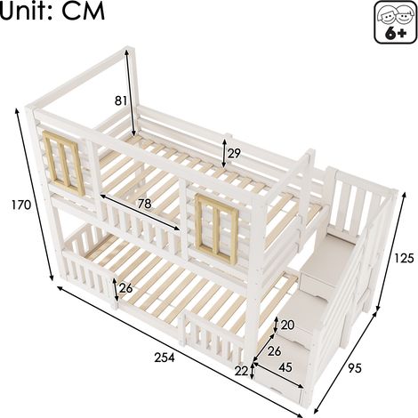 Lit superposé cabane blanc 90x200 cm 2 couchages avec placard escalier et fenêtres bois, sommier lattes inclus, EN 747