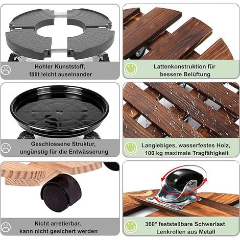 Support de plantes 360° en 2 pièces - support en bois de 30 cm avec poulie verrouillable pour plantes d'intérieur et d'extérieur - pour la maison et le jardin (rond) (1/4)